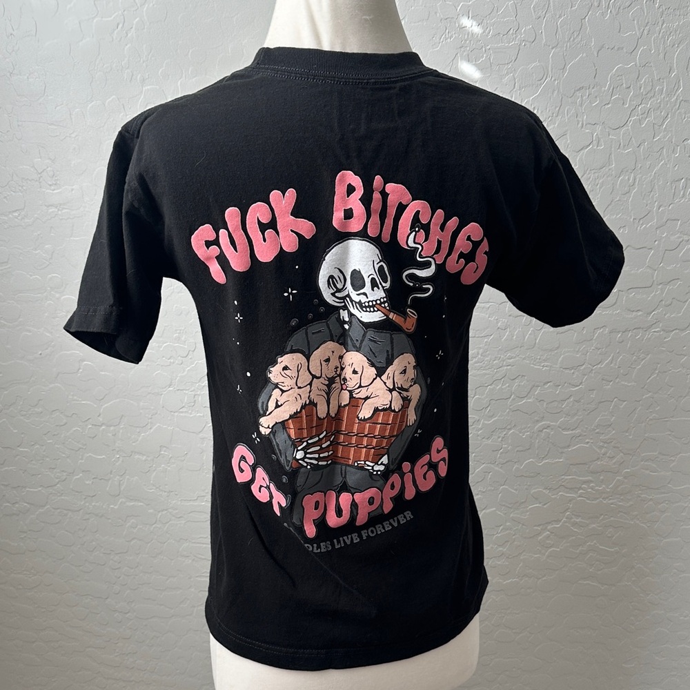 Black Tee with Skull and Puppies Graphic